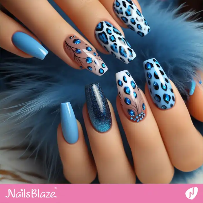 Embellished Blue Leopard Print Nails | Animal Print Nails - NB2618
